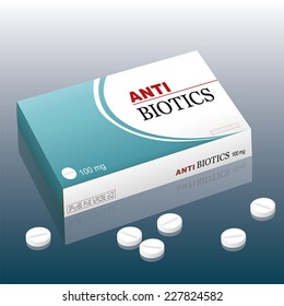 Pills named ANTIBIOTICS, a medical fake product. Vector illustration.