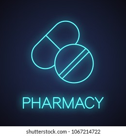 Pills neon light icon. Medications. Glowing sign. Vector isolated illustration