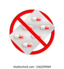 Pills are not allowed, red forbidden sign isolated on white