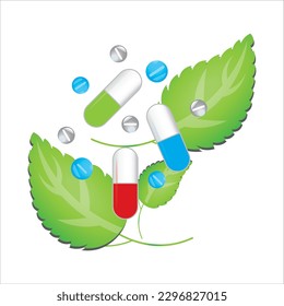 pills on the background of leaves vector, illustration, symbol