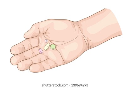 Pills on the palm. Vector illustration.