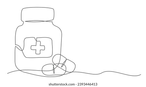 Píldoras Dibujo de una línea aislado sobre fondo blanco