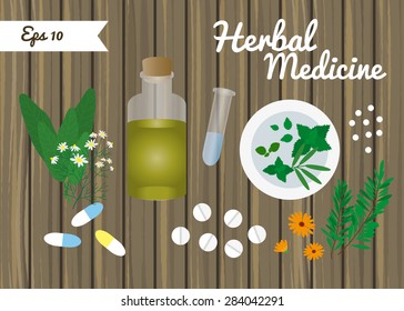 Pills, organic oil, herbs, capsules, test tube, herbal potion. Sage, german chamomile, mint. Can be used for homeopathy and alternative medicine.