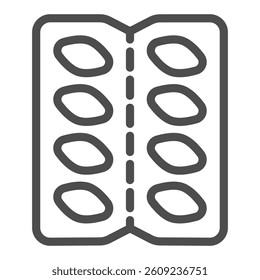 Pills pack line icon, pharmacy concept. Vector graphics. Packaging for pills, medicine sign on white background, outline style icon for mobile or web design