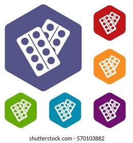 Pills in package icons set rhombus in different colors isolated on white background
