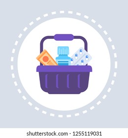 pills package tube in shopping basket pharmacy drugstore healthcare medical service logo medicine and health symbol concept flat