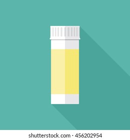 Pills packaging container flat icon. White plastic bottle with medical drugs. Stylized medication symbol. Health care vector illustration.