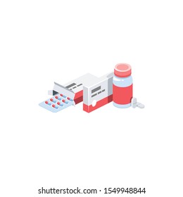 Pills packing health. Vector 3d isometric, color web icon, new flat style. Creative illustration design, idea for infographics.