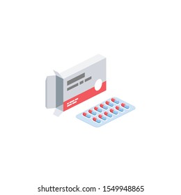 Pills packing health. Vector 3d isometric, color web icon, new flat style. Creative illustration design, idea for infographics.