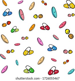 Pills pattern seamless for drug store decoration, funny colorful pattern with drugs illustration, pills of different shapes and colors, can be a fabrics print, wrapping paper, wallpaper design