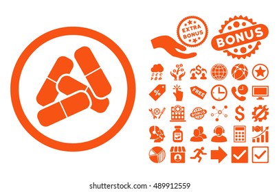 Pills pictograph with bonus pictograph collection. Vector illustration style is flat iconic symbols, orange color, white background.
