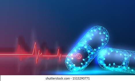 Pills. polygonal two capsule pills. Red Line Wave pulse. Medical Concept. Abstract low poly, Triangle, dot, line, polygon. Shine blue background, Vector illustration