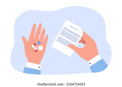 Pills And Prescription In Human Hands Flat Vector Illustration. Patient Taking Medication Or Vitamins. Medicine, Healthcare, Treatment Concept For Banner, Website Design Or Landing Web Page