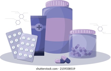 Pills Presentation Banner. Different Packs with Drugs and Cartoon Woman Characters. Medicals, Tablets in Blisters and Plastic Bottles, Nasal Drops and Healing Cream. Vector Flat Illustration