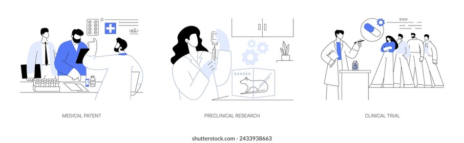 Conjunto de ilustración vectorial de concepto abstracto de producción de pastillas. Aprobación de patentes médicas, investigación preclínica, voluntarios en ensayos clínicos, pruebas legales de medicamentos, metáfora abstracta del mercado farmacéutico.