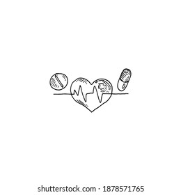 Ilustración vectorial de las pastillas, pulso, boceto cardíaco