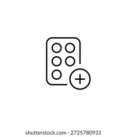 Pills refill, tablets in blister and plus. Dose increase, treatment start. Pixel perfect, editable stroke vector icon