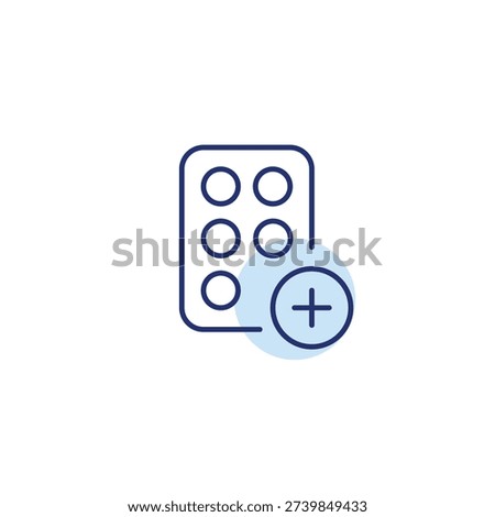 Pills refill, tablets in blister and plus. Dose increase, treatment start. Pixel perfect, editable stroke vector icon