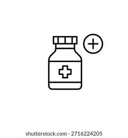 Recarga de píldoras, tabletas en botella y plus. Aumento de la dosis, inicio del tratamiento. Icono de Vector de trazo perfecto y editable