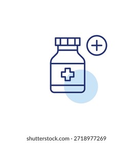 Recarga de píldoras, tabletas en botella y plus. Aumento de la dosis, inicio del tratamiento. Icono de Vector de trazo perfecto y editable