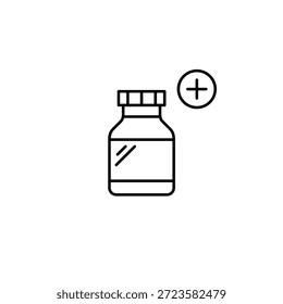 Recarga de píldoras, tabletas en botella y símbolo plus. Aumento de la dosis, inicio del tratamiento. Icono de Vector de trazo perfecto y editable