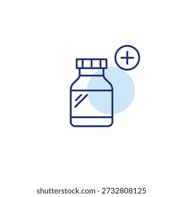 Relleno de pastillas, tabletas en botella y símbolo plus. Aumento de la dosis, inicio del tratamiento. Icono de Vector de trazo perfecto y editable