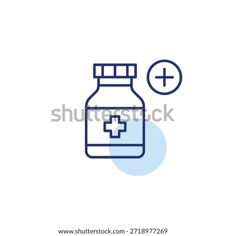 Pills refill, tablets in bottle and plus. Dose increase, treatment start. Pixel perfect, editable stroke vector icon