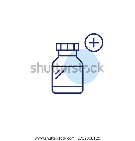 Pills refill, tablets in bottle and plus symbol. Dose increase, treatment start. Pixel perfect, editable stroke vector icon