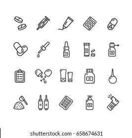 Pills Related Medical Black Thin Line Icon Set for Web and App. Vector illustration