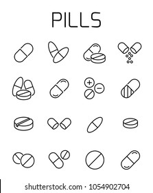 Pills related vector icon set. Well-crafted sign in thin line style with editable stroke. Vector symbols isolated on a white background. Simple pictograms.