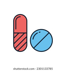 Icono de línea vectorial relacionado con las columnas. Pega un icono lineal. Producto farmacéutico. Vitamina para atención médica personal. Cápsulas con aspirina. Aislado sobre fondo blanco. Ilustración vectorial. Trazo editable