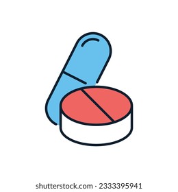 Pillt verwandtes Vektorsymbol. Pillt ein lineares Symbol. Arzneimittel. Vitamin für die persönliche Gesundheitsversorgung. Kapseln mit Aspirin. Einzeln auf weißem Hintergrund. Vektorgrafik Bearbeitbarer Hub