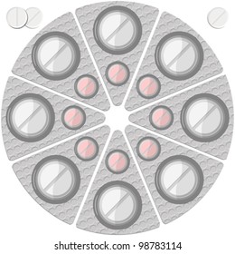 pills in a round blister pack and isolated against white background, abstract vector art illustration; image contains transparency