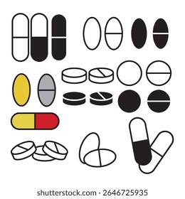 Pills, round tablets, capsules, pharmacy, vitamins, line icon, silhouette icon, flat icon.