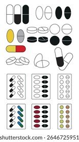 Comprimidos, comprimidos redondos, cápsulas, farmácia, vitaminas, ícone de linha, ícone de silhueta, ícone plano.