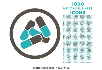 Pills rounded vector bicolor icon with 1000 medical business icons. Set style is flat pictograms, grey and cyan colors, white background.