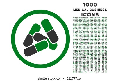 Pills rounded vector bicolor icon with 1000 medical business icons. Set style is flat pictograms, green and gray colors, white background.