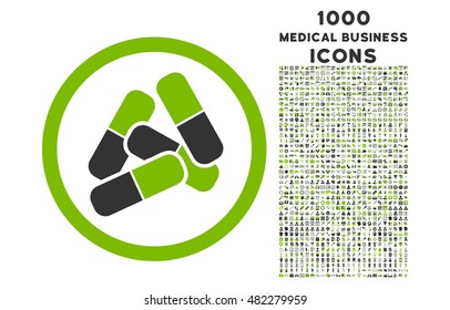 Pills rounded vector bicolor icon with 1000 medical business icons. Set style is flat pictograms, eco green and gray colors, white background.