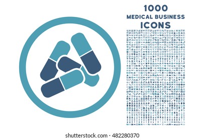 Pills rounded vector bicolor icon with 1000 medical business icons. Set style is flat pictograms, cyan and blue colors, white background.