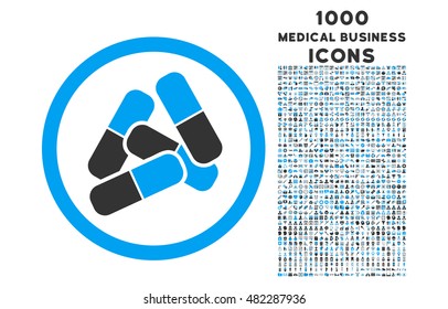 Pills rounded vector bicolor icon with 1000 medical business icons. Set style is flat pictograms, blue and gray colors, white background.
