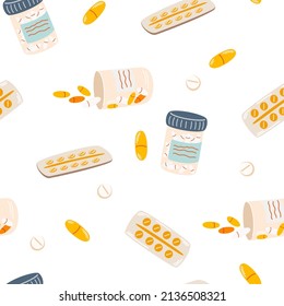 Pills seamless pattern. Bottle with various tablets and capsules. Medical capsules container. Perfect for textile, wallpaper and scrapbook. Vector cartoon illustration