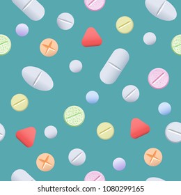 Pills seamless pattern. Drugs like medicine aspirin and pharmaceutical tablets blue background, vector illustration