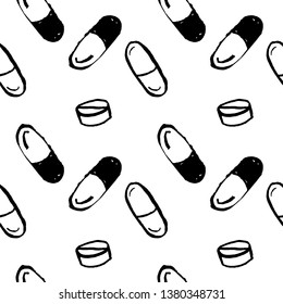 Pills seamless pattern. Grunge brush vector illustration.