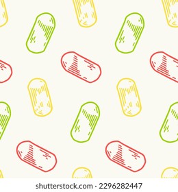 Píldoras sin fisuras. Fondo vectorial dibujado a mano en el estilo de esbozo de doodle. Diseño médico de farmacia
