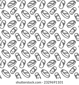 Pills seamless pattern. Hand drawn vector background in doodle sketch style. Pharmacy medical design