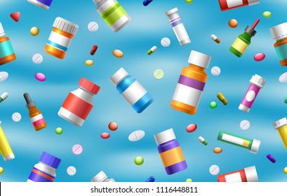 Pills seamless pattern. Medicine, tablets and medical bottles vector background for pharmaceutical concepts
