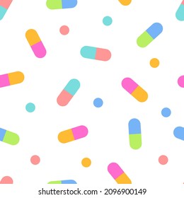 Pills seamless pattern, medicine texture. Vitamins, dietary supplements background. Tablets pattern. Vector illustration