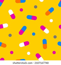 Pillt nahtloses Muster, Medizin Textur. Vitamine, Nahrungsergänzungsmittel, Hintergrund. Tablettenmuster. Vektorgrafik