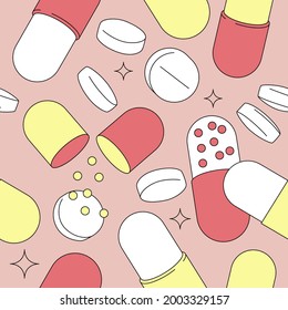 Pills seamless pattern. Repeatable design in comic style. Pink and yellow capsules, white tablets over peach background. Vector illustration.