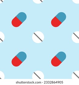 Pills, seamless pattern, vector. Pills and capsules on a blue background